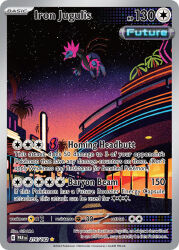  artist_name black_sclera building card_(medium) character_name closed_mouth colored_sclera company_name copyright_name copyright_notice english_text flying full_body iron_jugulis king_gidora neon_lights night night_sky nintendo non-humanoid_robot official_art pink_eyes pokemon pokemon_card pokemon_tcg road robot robot_dragon scenery sky solo star_(sky) starry_sky street third-party_source trading_card tree 