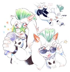  1boy animal_ears barefoot black_vest closed_mouth commentary deltarune english_commentary furry furry_male goat_boy goat_ears goat_horns highres holding holding_microphone horns jewelry lluminousllama looking_at_viewer male_focus microphone mohawk multiple_views necklace open_clothes open_mouth open_vest pawpads ralsei ralsei_(lightners_live) skull_necklace smile speech_bubble star-shaped_eyewear star_(symbol) sunglasses tongue tripping vest white_background 