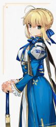  1girl absurdres ahoge artoria_pendragon_(fate) blonde_hair blue_bow blue_bowtie blue_dress blue_ribbon bow bowtie breasts dress fate_(series) frilled_sleeves frills from_side green_eyes highres holding holding_sword holding_weapon kamisato_sora long_hair looking_at_viewer medium_breasts ribbon saber_(fate) solo standing sword weapon  rating:General score:3 user:danbooru