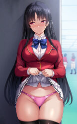  3girls advanced_nurturing_high_school_uniform averting_eyes black_hair black_thighhighs blue_bow blue_bowtie blush bow bowtie clothes_lift daiaru flashing highres horikita_suzune jacket lifting_own_clothes long_hair miniskirt multiple_girls outdoors panties pink_panties pleated_skirt public_indecency red_eyes red_jacket school_uniform shirt skirt skirt_lift solo_focus thighhighs underwear v-shaped_eyebrows very_long_hair white_shirt white_skirt youkoso_jitsuryoku_shijou_shugi_no_kyoushitsu_e 