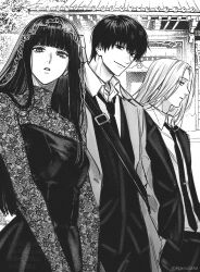  1girl 2boys black_dress black_hair black_jacket black_pants coat collared_shirt dress greyscale highres jacket kuroiisana long_hair looking_at_viewer medium_hair monochrome multiple_boys nagumo_(sakamoto_days) necktie osaragi_(sakamoto_days) outdoors pants sakamoto_days shirt shishiba_(sakamoto_days) short_hair standing suit_jacket temple upper_body veil white_shirt 