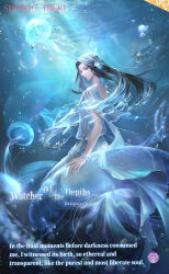  1boy air_bubble arionus_(shining_nikki) artist_request black_hair blue_eyes blue_hair blue_robe blue_theme bracelet bubble character_name circlet closed_mouth copyright_name dappled_sunlight english_text fins full_body gradient_hair hand_on_own_hip head_fins highres jellyfish jewelry light_frown light_particles liquid_hair logo long_hair looking_at_viewer looking_back male_focus multicolored_hair nikki_(series) official_art petting pointy_nose robe second-party_source shining_nikki short_sleeves shoulder_blades solo sunlight two-tone_hair very_long_hair 