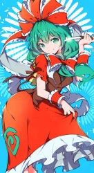  1girl absurdres blurry blurry_background bow clothes_lift frilled_skirt frills front_ponytail green_eyes green_hair hair_bow hair_ribbon highres holding holding_knife ichizen_(o_tori) kagiyama_hina knife long_hair long_skirt looking_at_viewer puffy_short_sleeves puffy_sleeves red_bow red_ribbon red_skirt ribbon short_sleeves skirt skirt_lift solo touhou 