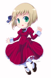  1girl axis_powers_hetalia black_bow black_bowtie black_shoes blonde_hair blue_ribbon blush bob_cut bow bowtie commentary crodire dress full_body green_eyes hair_ribbon juliet_sleeves liechtenstein_(hetalia) long_sleeves looking_at_viewer open_mouth puffy_sleeves red_dress ribbon shoes short_hair simple_background smile socks solo striped_clothes striped_dress vertical-striped_clothes vertical-striped_dress white_background white_socks 