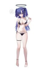  1girl alternate_costume bare_shoulders barefoot bikini bikini_pull black_bikini blue_archive breasts cleavage clothes_pull collarbone feet flying_sweatdrops full_body gluteal_fold halo halterneck highres holding_strap large_breasts long_hair mechanical_halo navel pulling_own_clothes purple_eyes purple_hair side-tie_bikini_bottom simple_background solo stomach sukoyaka_konbu swimsuit thigh_strap thighs toes two_side_up white_background yuuka_(blue_archive) 