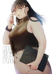 1girl :d agawa_sensei_(strikeout_pitch) bare_arms bare_shoulders black_hair breasts brown_sweater choppy_bangs commentary glasses hand_up highres kiyowa1001 long_hair looking_at_viewer medium_breasts mole mole_under_eye open_mouth pants plump red-framed_eyewear simple_background sleeveless sleeveless_sweater sleeveless_turtleneck smile solo strikeout_pitch sweater turtleneck turtleneck_sweater watch watermark white_background wristwatch