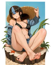  1girl :o arm_support bare_legs barefoot bikini bikini_top_only black_bikini black_nails blue_hair blue_shirt blue_shorts border breasts brown_eyes brown_hair commentary_request crossed_ankles cutoffs denim denim_shorts dorsiflexion earrings feet fingernails hair_between_eyes hand_on_headwear hat highres jewelry large_breasts legs long_sleeves looking_at_viewer multicolored_hair nail_polish navel navel_piercing nihu off_shoulder open_clothes open_shirt original outside_border parted_lips piercing pinky_out shiny_skin shirt short_hair shorts sitting soles solo starfish straw_hat sun_hat swimsuit toenail_polish toenails toes two-tone_hair underboob white_border 