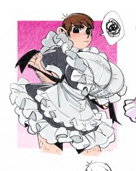  1boy aatom87 adjusting_clothes apron arm_hair breast_padding breasts brown_hair chilchuck_tims crossdressing dress dungeon_meshi frilled_apron frilled_dress frills huge_breasts leg_hair looking_at_viewer maid  rating:Sensitive score:2 user:animeboy12