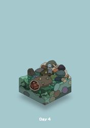 blue_background boulder commentary_request crab diorama fish flotsam gozz highres holding holding_shell isometric original plant rock shell standing wood rating:General score:0 user:danbooru