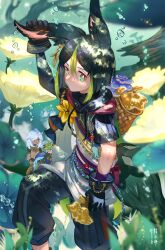 &gt;_&lt; 1girl 2boys ahoge animal_ear_fluff animal_ears artist_name asymmetrical_sleeves backpack_basket basket black_gloves black_hair black_pants black_shirt blunt_ends blurry blurry_foreground bob_cut bright_pupils brown_eyes brown_gloves cape capri_pants closed_eyes closed_mouth collei_(genshin_impact) commentary_request crossed_bangs cyno_(genshin_impact) dark-skinned_male dark_skin day drawstring earrings flower forest fox_boy fox_ears fox_tail genshin_impact gloves grass green_cape green_eyes green_hair hair_between_eyes hand_on_own_ear highres holding holding_mushroom hood hood_down hoodie jewelry kippeijii long_sleeves looking_at_viewer male_focus mismatched_sleeves multicolored_eyes multicolored_hair multicolored_hoodie multiple_boys mushroom nature outdoors oversized_flower pants plant pouch purple_sash red_eyes rope rukkhashava_mushroom_(genshin_impact) sash shirt short_hair short_sleeves single_earring solo_focus standing starshroom_(genshin_impact) streaked_hair tail tassel tighnari_(genshin_impact) tree turtleneck twitter_username two-tone_eyes two-tone_gloves uneven_sleeves water water_drop white_hair white_pupils wrist_cuffs yellow_flower 