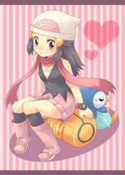  10s 1girl bag bird blue_hair boots breasts closed_eyes closed_mouth cubexcube dawn_(pokemon) gen_4_pokemon hair_ornament hairclip hat heart nintendo open_mouth penguin piplup pokemon pokemon_(creature) pokemon_dppt sleeping smile 