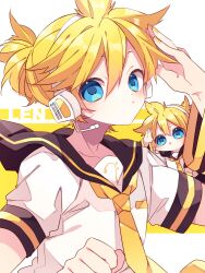  2boys arm_warmers bass_clef black_sailor_collar blonde_hair blue_eyes blush closed_mouth commentary_request double-parted_bangs dual_persona hair_between_eyes hand_up headset highres kagamine_len kaho_0102 looking_at_viewer male_focus mini_person miniboy multiple_boys nail_polish necktie open_mouth sailor_collar shirt short_hair short_sleeves two-tone_background upper_body vocaloid white_background white_shirt yellow_background yellow_nails yellow_necktie 
