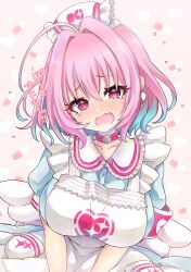  1girl ahoge apron armband blue_dress blue_hair blush breasts collar collarbone commentary_request dress duplicate earrings fang frilled_apron frills hair_between_eyes hair_intakes hat heart highres idolmaster idolmaster_cinderella_girls jewelry kamiya_zuzu large_breasts looking_at_viewer multicolored_hair nurse_cap open_mouth pill_earrings pink_collar pink_eyes pink_hair pocket puffy_short_sleeves puffy_sleeves short_hair short_sleeves solo tearing_up translated two-tone_hair wavy_mouth white_apron yumemi_riamu zipper 