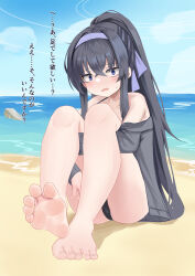 1girl bar_censor bare_legs barefoot beach black_hair black_panties blue_archive blue_eyes blue_sky blush censored check_translation feet halo highres hugging_own_legs long_hair lts_kakuyo ocean official_alternate_costume open_mouth panties penis ponytail sky soles sweatdrop toenails toes translation_request ui_(blue_archive) ui_(swimsuit)_(blue_archive) underwear very_long_hair rating:Explicit score:23 user:roddyricch