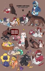  ahoge anger_vein animalization bandages basket blood bow bowtie brown_background cat cherry_blossoms collar copyright_name dog english_text fish flower go_takeo hoshikawa_lily kirishima_reiko_(zombie_land_saga) konno_junko look-alike minamoto_sakura missing_eye mizuno_ai mushroom my_little_pony nikaidou_saki personification pony_(animal) ponytail ranguage rhubarb romero_(zombie_land_saga) scar simple_background slapping sleeping spiked_collar spikes sunglasses tatsumi_koutarou yuugiri_(zombie_land_saga) zombie_land_saga zzz 