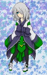  1girl alternate_color black_pantyhose blue_eyes blush boots bow closed_mouth commentary_request full_body green_skirt grey_background grey_hair hair_between_eyes hair_over_one_eye hanbok head_tilt highres korean_clothes long_bangs looking_at_viewer medium_hair meiko_(nattu303) pantyhose purple_bow puzzle_piece_background ragnarok_online shirt skirt sleeves_past_fingers sleeves_past_wrists smile solo soul_linker_(ragnarok_online) waist_bow white_boots white_shirt 