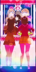  24takokai10 2girls :o bare_legs brown_hair character_doll commentary_request crane_game flipped_hair from_behind full_body highres honda_mio idolmaster idolmaster_cinderella_girls kneehighs long_hair looking_at_object miniskirt multiple_girls one_side_up plaid_clothes plaid_skirt school_uniform shibuya_rin shimamura_uzuki short_hair skirt socks sweatdrop very_long_hair white_socks 