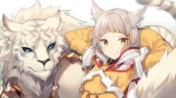  1girl animal animal_ears blue_eyes blunt_bangs bodysuit cat_ears commentary_request dromarch_(xenoblade) facial_mark gloves grey_hair hood looking_at_viewer nia_(xenoblade) short_hair simple_background smile tiger white_gloves xenoblade_chronicles_(series) xenoblade_chronicles_2 yappen yellow_eyes 