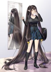 1girl absurdly_long_hair absurdres alternate_costume black_boots black_choker black_shirt blush boots breasts brown_hair chair choker closed_mouth collarbone commentary crescent crescent_necklace english_commentary fate/apocrypha fate_(series) fingernails hair_ornament high_heel_boots high_heels highres indoors jewelry knee_boots large_breasts long_hair long_sleeves mirror necklace plaid_clothes plaid_skirt pointy_ears ponytail reflection semiramis_(fate) shirt sidelocks simple_background skirt slit_pupils solo standing sunlight suprii thighs tile_floor tiles very_long_hair white_background window yellow_eyes 