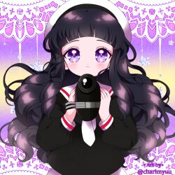 1girl artist_name bad_id bad_twitter_id beret black_hair black_shirt blunt_bangs camcorder camera cardcaptor_sakura child closed_mouth commentary cowboy_shot daidouji_tomoyo diamond_(gemstone) dot_nose english_commentary eyelashes film_grain gradient_background happy hat heart heart_in_eye highres holding holding_camera honeymoonpetal lace_background light_blush light_particles light_smile long_hair long_sleeves looking_at_viewer neckerchief puffy_long_sleeves puffy_sleeves purple_background purple_eyes sailor_collar school_uniform serafuku shirt sidelocks skirt solo standing star-shaped_gem straight-on symbol_in_eye tareme tomoeda_elementary_school_uniform very_long_hair video_camera watermark wavy_hair white_hat white_neckerchief white_sailor_collar white_skirt yellow_background