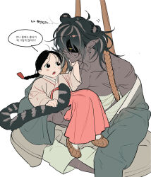  0820_lakia 2girls absurdres animal_ears black_eyes black_hair chest_sarashi child commentary_request dark-skinned_female dark_skin grey_hair hanbok highres indian_style korean_clothes korean_commentary korean_text looking_at_another multicolored_hair multiple_girls muscular muscular_female original pointy_ears sarashi scar scar_across_eye scar_on_face scars_all_over simple_background sitting streaked_hair tail tiger_ears tiger_girl tiger_tail too_many white_background yellow_eyes 