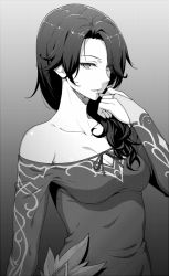 1girl :d bare_shoulders black_hair breasts cinder_fall cleavage collarbone dress finger_to_mouth greyscale half-closed_eyes hiroya_juuren long_hair long_sleeves looking_at_viewer medium_breasts monochrome off-shoulder_dress off_shoulder open_mouth parted_lips rwby smile rating:Sensitive score:30 user:danbooru