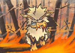 arcanine bamboo bamboo_forest beads biting chi-yu_(pokemon) fiery_background fire fish forest forest_fire gen_1_pokemon highres holding_with_mouth legendary_pokemon metikyun mouth_hold nature nintendo pokemon pokemon_(creature) striped_fur