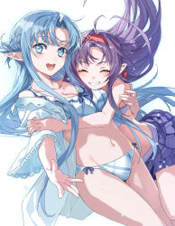  2girls :d absurdres asuna_(sao) asuna_(sao-alo) bikini bikini_skirt blue_bikini blue_eyes blue_hair braid breasts commentary_request elf hairband half_up_half_down_braid highres hug long_hair looking_at_viewer medium_breasts multicolored_bikini multiple_girls navel open_mouth outstretched_arm pointy_ears purple_hair reaching reaching_towards_viewer smile swimsuit sword_art_online two-tone_bikini very_long_hair white_background white_bikini yoru_kiri yuuki_(sao) 