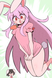  2girls :d animal_ears barefoot black_hair bottomless carrot_necklace chibi commentary_request cosplay covering_privates double-parted_bangs green_background hair_between_eyes highres inaba_tewi inaba_tewi_(cosplay) jewelry jumping kurachi_mizuki long_hair long_sidelocks looking_down multiple_girls necklace open_mouth pink_hair pink_shirt puffy_short_sleeves puffy_sleeves rabbit_ears rabbit_girl rabbit_tail red_eyes red_ribbon reisen_udongein_inaba ribbon ribbon-trimmed_sleeves ribbon_trim shirt short_hair short_sleeves sidelocks smile solo_focus sweatdrop tail touhou triangle_mouth v-shaped_eyebrows very_long_hair white_background |_| 