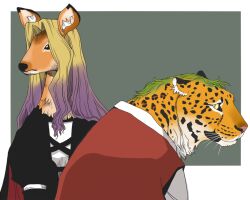  animal animalization black_dress blonde_hair closed_mouth clothed_animal commentary_request deer dress gradient_hair grey_background hijiri_byakuren kazami_yuuka long_hair looking_at_viewer multicolored_hair onikobe_rin purple_hair red_vest tiger touhou two-tone_background upper_body vest white_background 
