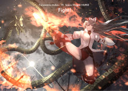  1girl adapted_costume aerial_battle alternate_costume alternate_hairstyle arm_belt attack battle belt boots bow breasts clenched_teeth coat dragon embers english_text female_focus fire fujiwara_no_mokou grey_sky hair_between_eyes hair_bow highres kaitou0215 kicking knee_boots leotard long_hair looking_up medium_breasts multiple_swords original pants ponytail red_eyes red_leotard red_pants silver_hair sky smoke solo sun sunburst sword teeth thighs touhou ultra_series ultraseven_(series) very_long_hair weapon white_coat 
