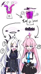  !? 2girls ? ahoge antenna_hair black_halo blue_archive blue_eyes blue_necktie breasts demon_girl demon_horns hair_ornament hairclip halo heterochromia hina_(blue_archive) horns hoshino_(blue_archive) huge_ahoge loli long_hair mixer_(cooking) multiple_girls necktie okonau open_mouth personality_excrement personality_switch pink_hair pink_halo purple_eyes school_uniform shirt skirt small_breasts sweatdrop tears thighs twitter very_long_hair white_background white_hair white_shirt yellow_eyes 