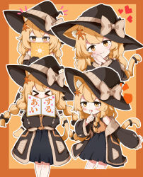  &gt;_&lt; 1girl absurdres animal_ear_fluff animal_ears bare_shoulders benzi_mofashi black_bow black_hat black_ribbon black_skirt blonde_hair blush book bow braid brown_bow brown_coat buttons cat_ears cat_girl cat_tail chinese_commentary closed_mouth coat collared_vest commentary_request covered_mouth cowboy_shot cropped_legs crossed_bangs dot_nose fang finger_to_mouth hair_between_eyes hair_ornament hands_up hat hat_bow head_tilt heart highres holding holding_book kirisame_marisa komeiji-qingkuang long_hair long_sleeves looking_at_viewer multiple_views neck_ribbon notice_lines off_shoulder open_book open_clothes open_coat open_mouth orange_bow orange_vest outline outside_border outstretched_arm own_hands_together palms_together pleated_skirt puffy_long_sleeves puffy_sleeves ribbon shushing sidelocks simple_background skin_fang skirt sleeves_past_fingers sleeves_past_wrists smile split_mouth tail tail_ornament tail_raised touhou translation_request twin_braids vest white_outline wide_sleeves witch_hat yellow_eyes 