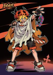  1boy alternate_costume aotu_world arrow_(symbol) black_gloves black_horns black_shorts blonde_hair blue_eyes candy candy_cane cape clenched_hand cloak copyright_name fingerless_gloves food full_body gloves hair_between_eyes halloween halloween_costume hands_up highres horns jack-o&#039;-lantern king_(aotu_world) lollipop looking_at_viewer male_focus multicolored_shoes official_art open_hand open_mouth outstretched_arm patchwork_clothes pointy_ears pumpkin pumpkin_hat qi_chuang_she shoes short_hair shorts smile solo standing third-party_source white_cloak white_shoes 