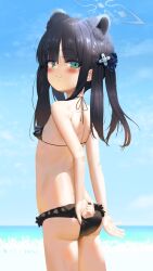  1girl absurdres adjusting_clothes adjusting_swimsuit animal_ears bikini black_bikini black_hair blue_archive blue_halo blue_sky blush come_hither cowboy_shot extra_ears frilled_bikini frills from_behind green_eyes hair_ornament_request halo hand_in_panties highres horizon loli long_hair looking_at_viewer looking_back ocean panties shun_(blue_archive) shun_(small)_(blue_archive) sky smirk surps swimsuit tiger_ears tiger_girl twintails underwear 