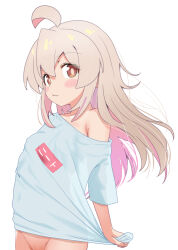  1girl absurdres ahoge blush_stickers bottomless brown_eyes colored_inner_hair commentary cowboy_shot grey_hair hair_between_eyes highres loli long_hair looking_at_viewer multicolored_hair off_shoulder onii-chan_wa_oshimai! out-of-frame_censoring oversized_clothes oversized_shirt oyama_mahiro pink_hair shiina_excel shirt shirt_tug simple_background single_bare_shoulder single_off_shoulder solo t-shirt two-tone_hair white_background white_shirt 