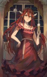  1girl absurdres commission cordelia_(fire_emblem) cup dress drinking_glass fire_emblem highres holding holding_cup kornod long_hair looking_at_viewer nintendo red_dress red_eyes red_hair solo very_long_hair window wine_glass 