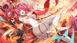 1girl absurdres armlet ass bare_shoulders black_collar black_hairband black_ribbon blurry blurry_background bracer breasts chinese_commentary collar earrings fire green_eyes hair_ribbon hairband high_heels highres holding holding_polearm holding_weapon jewelry large_breasts leotard long_hair lupa_(wuthering_waves) open_mouth pink_hair polearm ribbon shenqi_xiao_hong_zai_nali smile solo tail teeth thigh_strap thighhighs thighs tongue twintails underwear upper_body upper_teeth_only v-shaped_eyebrows weapon white_leotard white_thighhighs wolf_tail wuthering_waves 