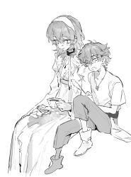  1boy 1girl boots child choker cup dress greyscale hair_between_eyes hairband highres holding jewelry juliet_sleeves knee_up long_sleeves looking_at_another monochrome necklace open_mouth original puffy_sleeves qyzhiaiyisheng shirt short_hair short_sleeves simple_background sitting sketch teacup white_background white_dress 