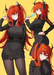  1girl arknights arm_up belt belt_buckle black_belt black_dress black_horns blush breasts buckle closed_mouth commentary commission dress dummyeq embarrassed english_commentary food hair_between_eyes hair_intakes hand_on_own_hip head_rest high_belt highres holding holding_food holding_popsicle horns long_hair long_sleeves looking_at_viewer medium_breasts multiple_views orange_hair popsicle purple_eyes simple_background smile surtr_(arknights) sweater sweater_dress yellow_background 