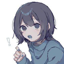  ! 1girl @_@ asleep_onthebed black_hair blue_nails drooling hair_between_eyes hand_up highres leukocoria looking_at_viewer open_mouth original pixel_art short_hair solo sweater_vest teeth upper_body upper_teeth_only white_background 