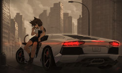 1girl animal_ears bandages belt blue_eyes brown_hair car cat_ears city crop_top female_focus gun highres lamborghini lamborghini_aventador motor_vehicle original shorts solo standing standing_on_one_leg tail th3pr0phecy vehicle_focus weapon zhaoyuan_pan rating:Sensitive score:18 user:danbooru