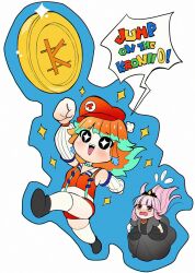  2girls bow bow_choker breasts chef_hat choker commentary_request cosplay detached_sleeves earrings english_text feather_earrings feathers gradient_hair green_choker green_hair hat highres hololive hololive_english jewelry kronii_coin_(meme) langzooma long_hair mario mario_(cosplay) mario_(series) mario_hat meme mini_chef_hat mori_calliope multicolored_hair multiple_girls multiple_hats nintendo open_mouth orange_hair orange_skirt parody pink_hair princess_peach princess_peach_(cosplay) skirt smile speech_bubble takanashi_kiara takanashi_kiara_(1st_costume) thighhighs virtual_youtuber 