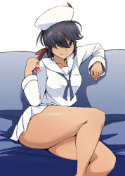 10s 1girl arakure black_eyes black_hair blouse blue_neckerchief closed_mouth commentary_request cup dark-skinned_female dark_skin dixie_cup_hat drinking_glass eyes_visible_through_hair female_focus girls_und_panzer hair_over_one_eye hair_ribbon hat highres holding legs long_hair long_sleeves looking_at_viewer military_hat miniskirt neckerchief ogin_(girls_und_panzer) pleated_skirt ponytail red_ribbon ribbon sailor shirt shot_glass sitting skirt smile solo thighs white_hat white_shirt white_skirt rating:Sensitive score:33 user:danbooru