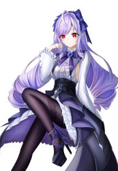  1girl absurdres ascot black_pantyhose bow bowtie center_frills drill_hair frills gem hairband high_heels highres long_hair mole mole_under_eye nanfeng7477 pantyhose patterned_legwear pointy_ears purple_ascot purple_bow purple_bowtie purple_gemstone purple_hair purple_hairband red_eyes shrug_(clothing) sideboob_cutout smile solo twin_drills vivian_banshee white_background white_shrug zenless_zone_zero 