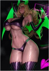  1girl akutsu_kirara black_gloves breasts cleavage cleavage_cutout clothing_cutout commentary demon_horns demon_wings elbow_gloves english_commentary eu03 gloves green_horns green_nails green_wings gyaru heart horns huge_breasts jewelry linea_alba lips long_hair mahou_shoujo_(raita) mole mole_under_mouth nail_polish navel ring sketch solo tongue underboob very_long_hair wings 