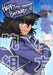  +_+ 1girl andou_(girls_und_panzer) bc_freedom_(emblem) bc_freedom_military_uniform black_hair blue_hat blue_jacket blue_vest brown_eyes collared_shirt crossed_arms dress_shirt ehirorotoon emblem from_side girls_und_panzer glowing glowing_eyes hand_on_own_hat hand_on_own_hip happy_birthday hat high_collar highres holding jacket kepi long_sleeves looking_at_viewer medium_hair messy_hair military military_hat miniskirt peaked_cap pleated_skirt romaji_text shirt skirt smile solo solo_focus twitter_username upper_body vest white_shirt white_skirt 