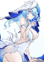  1girl armlet blue_butterfly blue_dress blue_hair blue_veil breasts bug butterfly butterfly_on_hand colored_eyelashes commentary cowboy_shot dress hair_between_eyes hand_up highres insect jewelry large_breasts light_blush long_hair looking_at_viewer parted_lips purple_eyes shorekeeper_(wuthering_waves) simple_background sleeveless sleeveless_dress solo thighs two-tone_veil unfinished veil white_background white_veil wuthering_waves xfate 