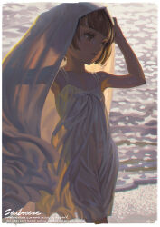  1girl alphonse_(white_datura) beach blunt_bangs brown_eyes brown_hair cameltoe cloth covered_erect_nipples covered_navel dress english_text evening flat_chest highres loli nipples original pussy see-through_clothes solo sundress water wet wet_clothes wet_dress wet_hair 