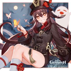 1girl absurdres birthday black_nails border bracelet brown_hair bug butterfly butterfly_on_hand commentary english_commentary flower flower-shaped_pupils full_moon genshin_impact ghost gradient_hair grin hair_between_eyes hand_up hat hat_flower highres hou_(ppo) hu_tao_(genshin_impact) insect jewelry kneehighs logo long_hair long_sleeves low_twintails moon multicolored_hair multiple_rings nail_polish night official_art outdoors outside_border pearl_bracelet plum_blossoms red_eyes red_flower red_hair ring shorts sidelocks smile socks solo symbol-shaped_pupils tassel teeth thighs twintails white_socks rating:Sensitive score:31 user:danbooru